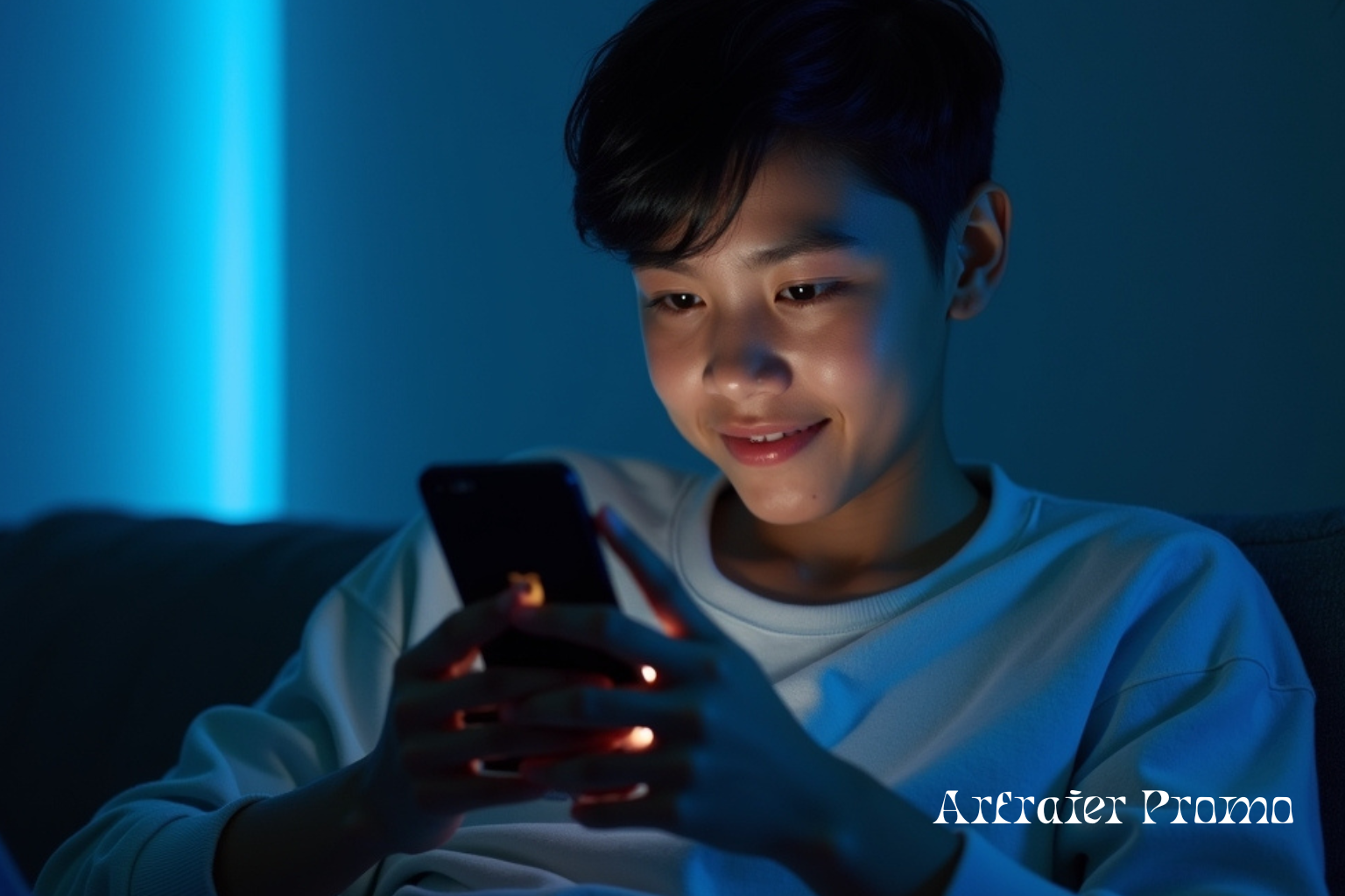 A young boy quietly scrolling on her smartphone in a calm, cozy environment, representing silent social media browsing behavior.