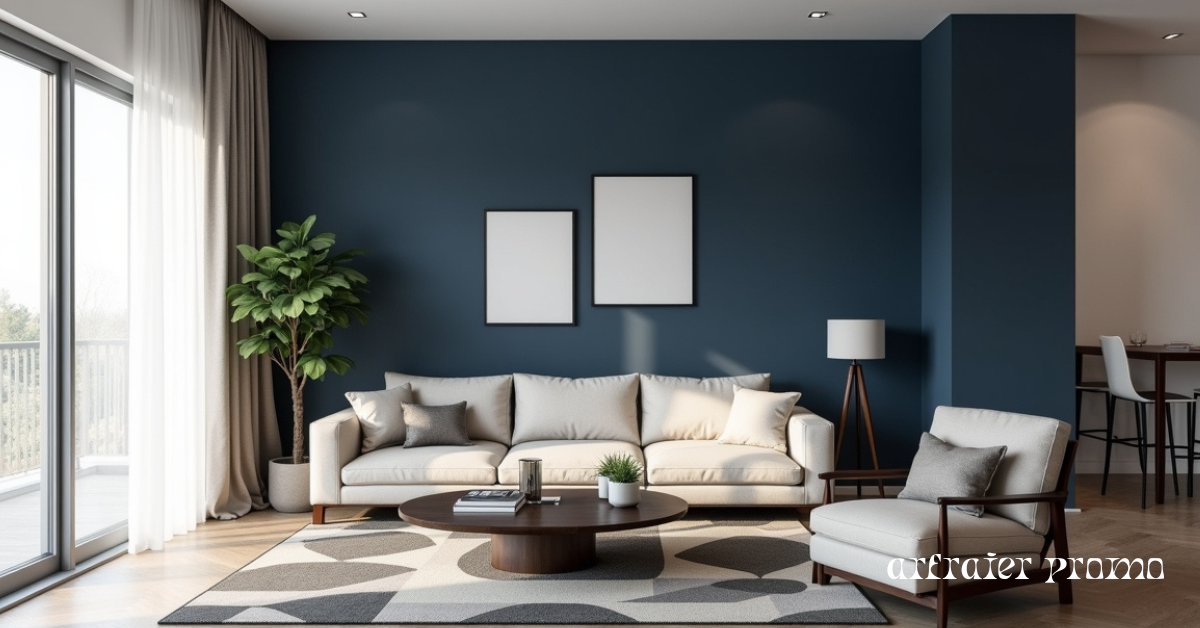 Modern living room with bold navy accent wall and minimalist décor