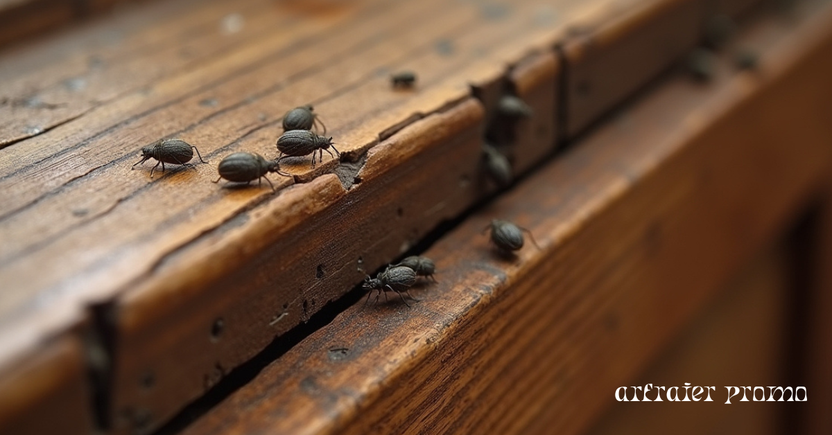 Wood mites crawling on a damp wooden corner