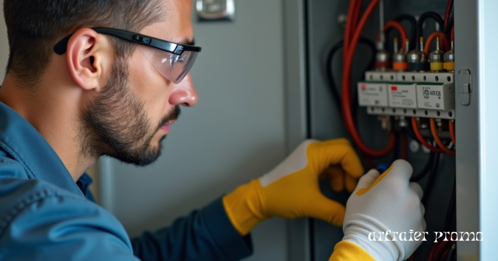 Professional inspecting home electrical panel for maintenance and safety.