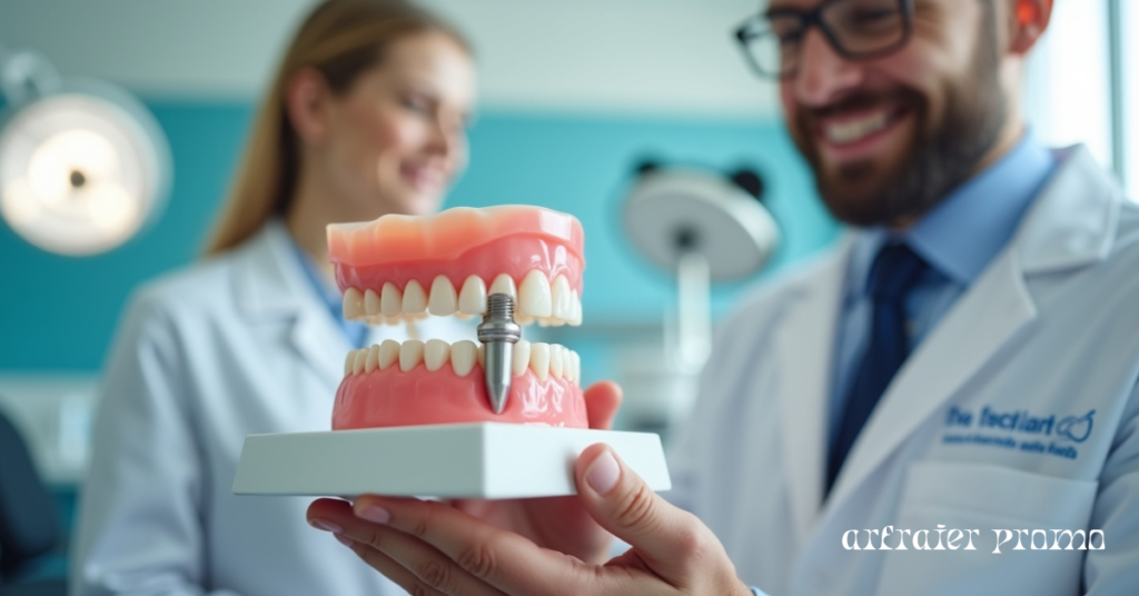 Molar teeth implant explained using a dental model in a clinic
